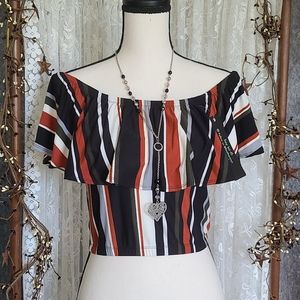 Feathers Off the Shoulders Striped Crop Top Medium